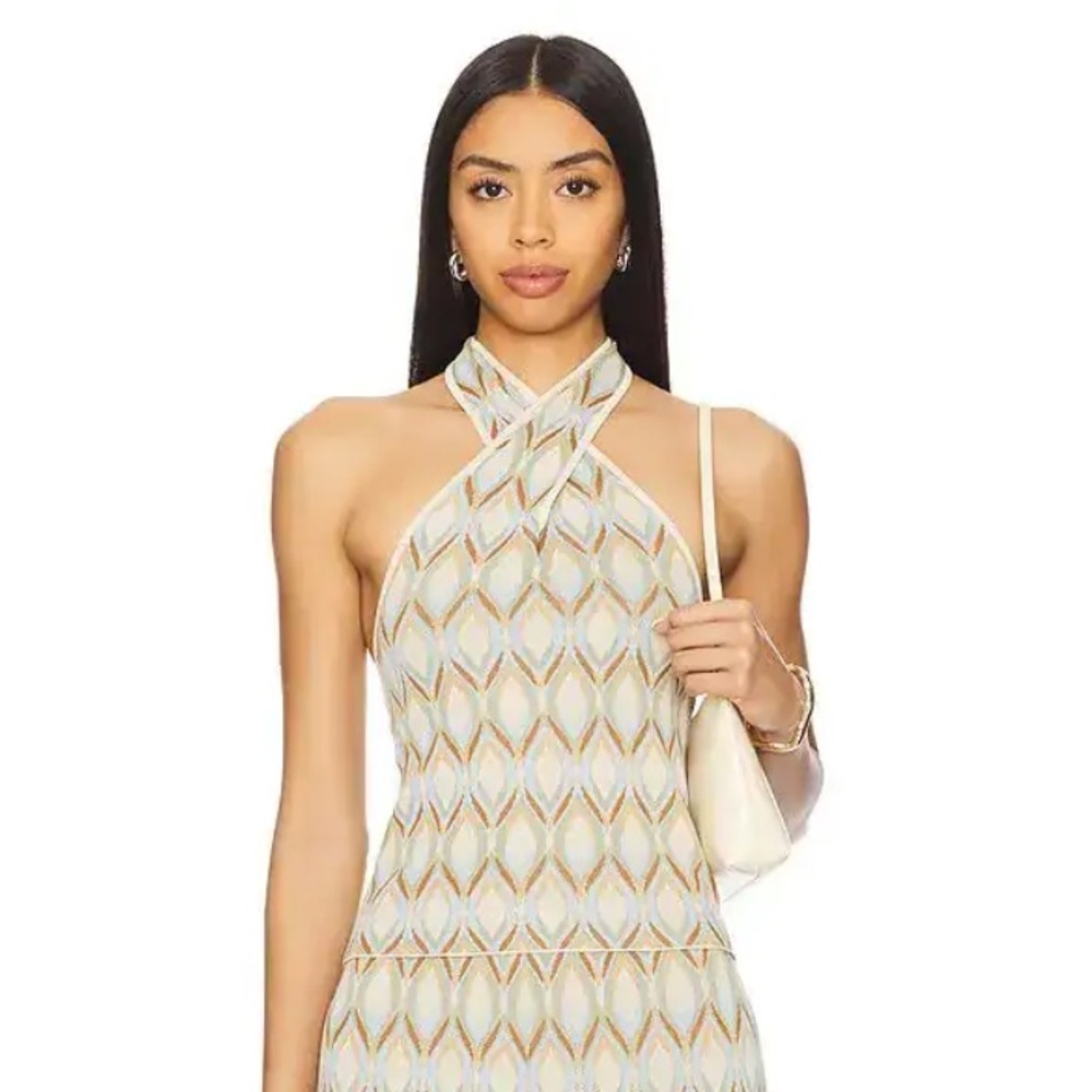 Misa Los Angeles Leah Top Cream Geometric Knit halter Cream Blue print Revolve M